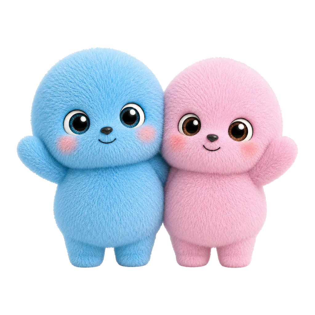 めろまる(水色)とあいまる(ピンク)が並んで手をあげている